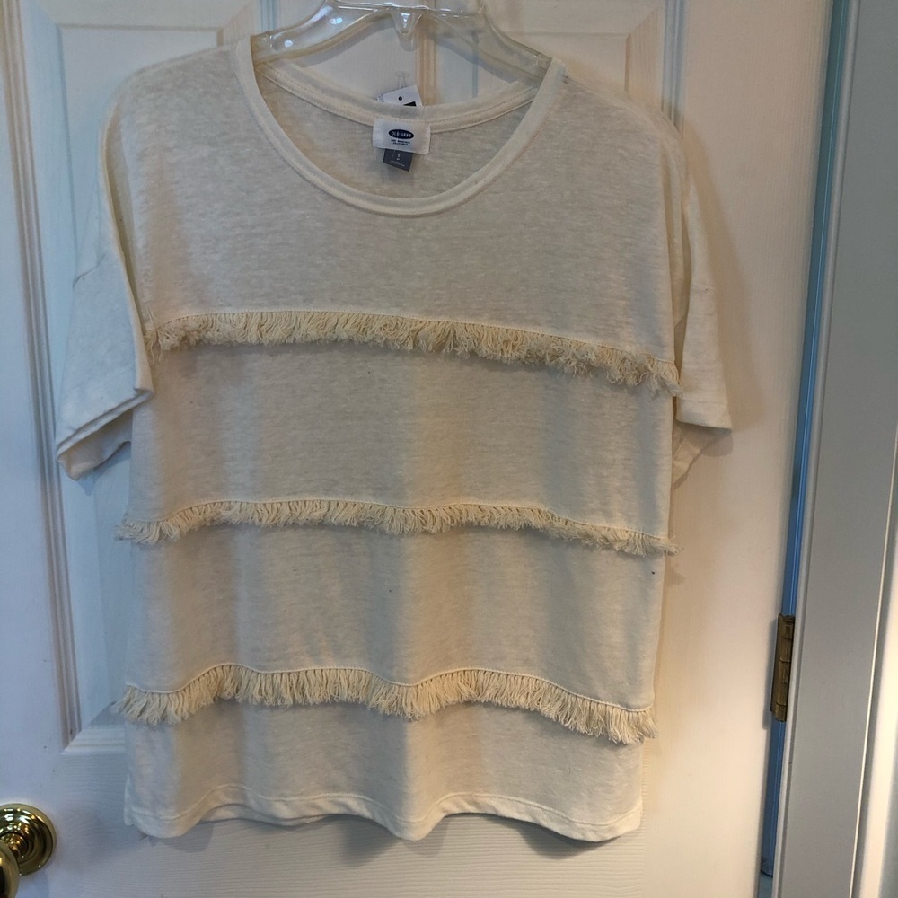 Cream Slub Tee with Fringe NEW Small